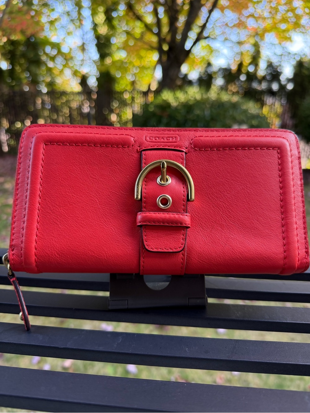 Coach Red-Orange Leather Zip Wallet with Gold Buckle Accent
